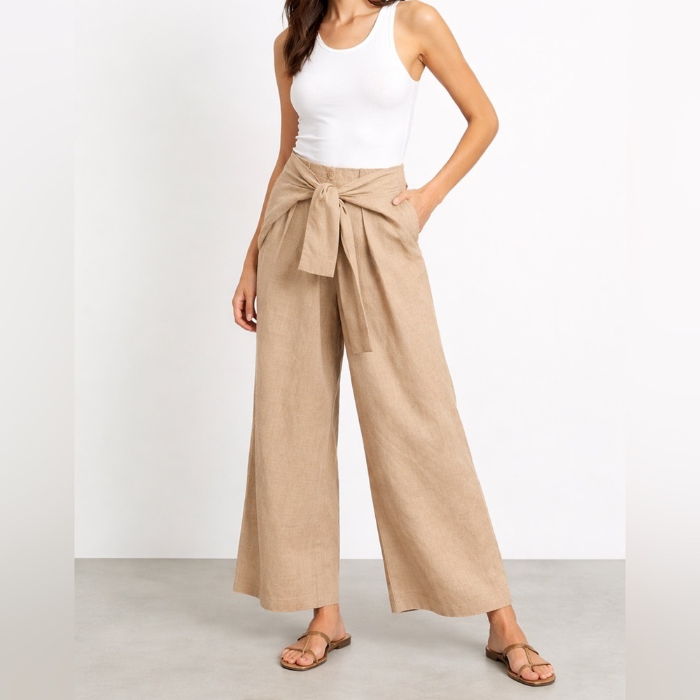 Isaac Mizrahi Wide Leg Wrap Pants Tan Linen Blend Size 10 Made in USA